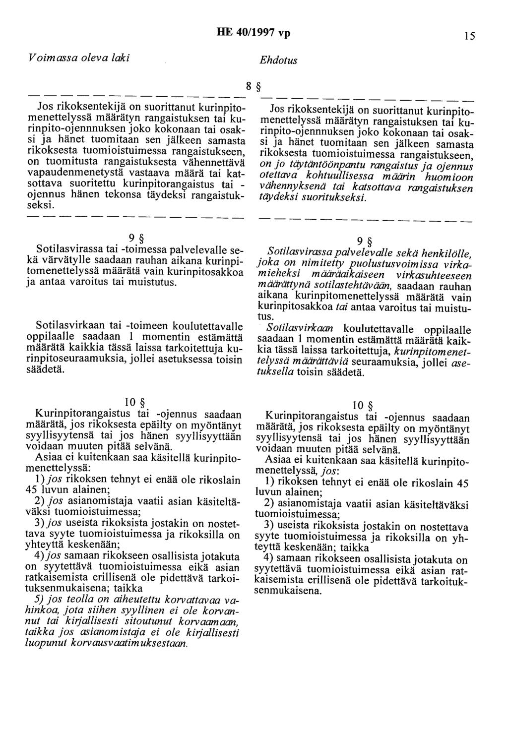 HE 40/1997 vp 15 Voimassa oleva laki Ehdotus 8 Jos rikoksentekijä on suorittanut kurinpitomenettelyssä määrätyn rangaistuksen tai kurinpito-ojennnuksen joko kokonaan tai osaksi ja hänet tuomitaan sen