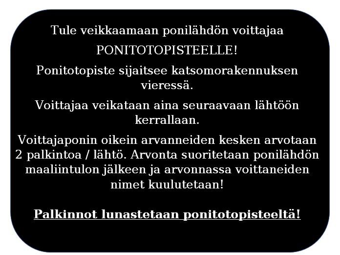 Haastelähtö esittely 12:00 startti 12:02 Eri-Lauri, poni: Oliver von Mixx, om. & avustaja Sanna Holopainen Jenna Reijonen, poni: Naurinkyrön Nadja, om.