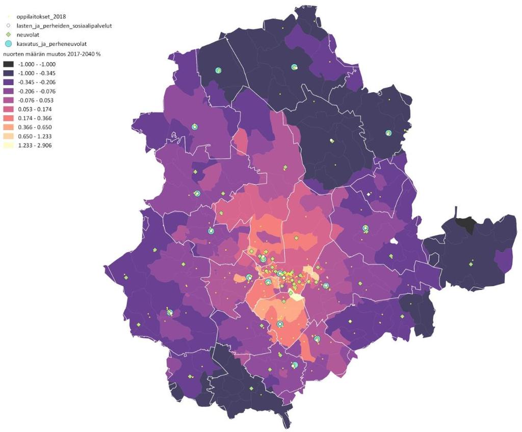 Nuorten määrän muutos 2017-2040% Huom.