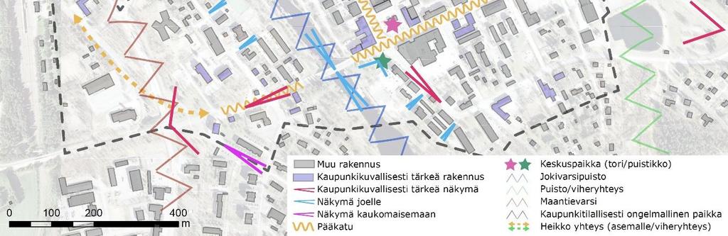 Kartta osoittaa Jämsän kirkon, pappilan ja lukkarin torpan sijainnin Jämsänjoen itäpuolella ja vanhimpien peltojen sijoittumisen Jämsänjokivarteen sekä Märäsojan varteen.