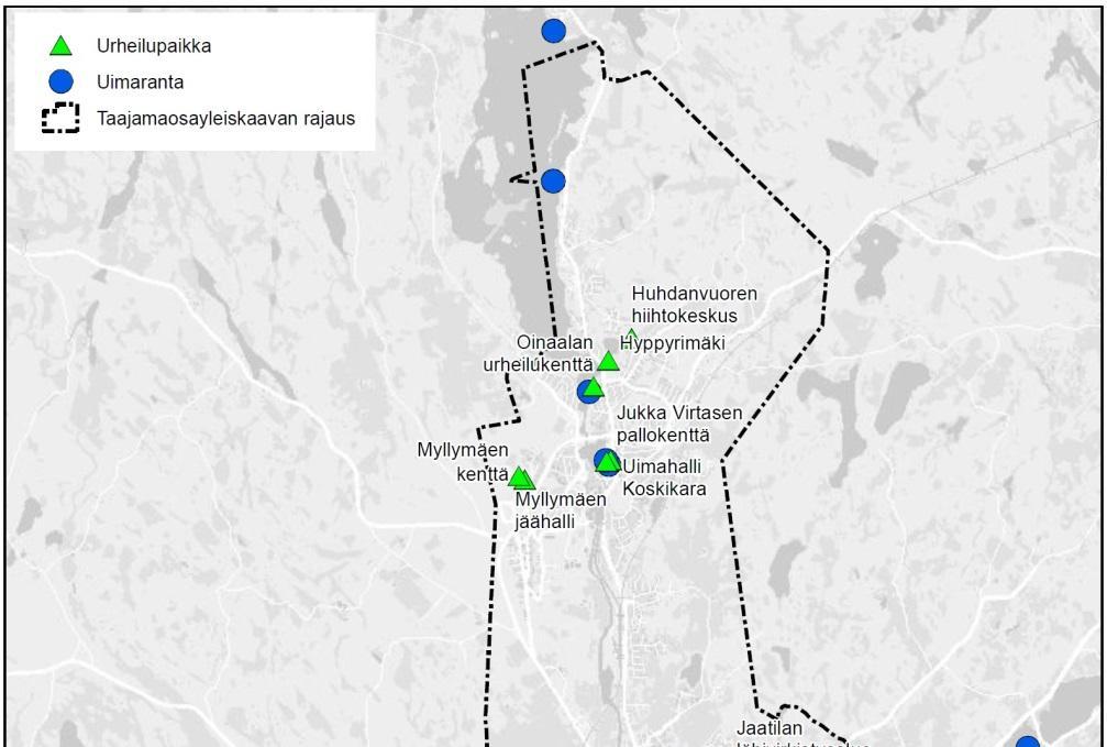 49 Kuva 2-21. Urheilupaikat ja Jämsän kaupungin uimarannat. (lähde: Jämsän kaupunki) 2.5.