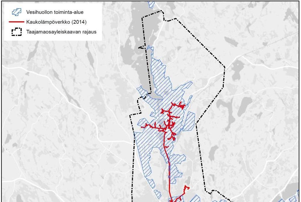56 Kuva 2-25. Vesihuollon toiminta-alue ja kaukolämpöverkko. (lähde: Jämsän kaupunki) 2.5.11 Ympäristönsuojelu ja ympäristöhäiriöt Taajamakaavan läpi kulkevat maantiet ja rautatiet aiheuttavat melua ja tärinää.