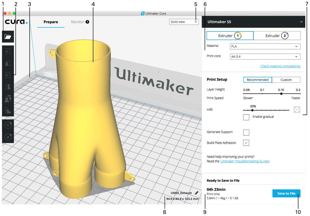 5.3 Tulostuksen valmistelu Ultimaker Cura -ohjelmistolla Käyttöliittymä Kun Ultimaker S5 on lisätty Ultimaker Cura -ohjelmistossa, pääkäyttöliittymä tulee näkyviin.