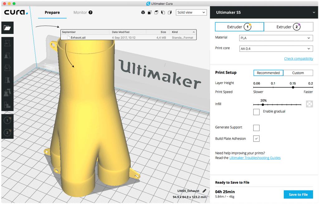Mallin viipalointi Malli voidaan viipaloida Ultimaker Cura -ohjelmistossa seuraavasti: 1. Lataa mallit napsauttamalla Avaa tiedosto -kansiokuvaketta. 2.