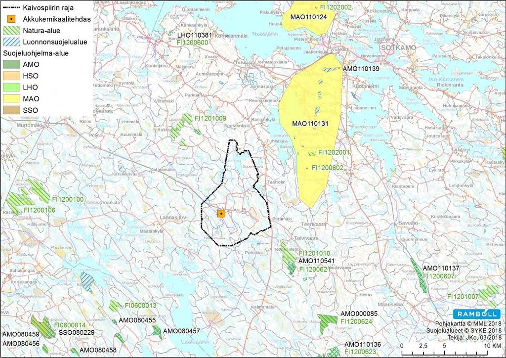 YMPÄRISTÖVAIKUTUSTEN ARVIOINTISELOSTUS 100 Kuva 11-2. Kaivosalueen ympäristössä sijaitsevat suojelualueet. 11.4 