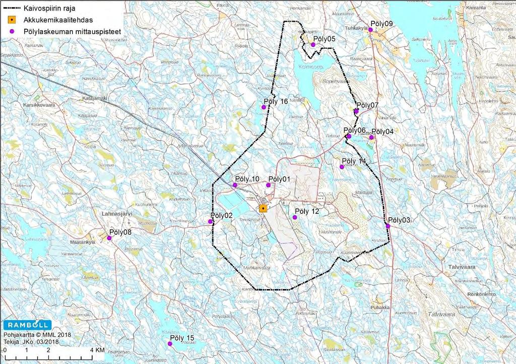 YMPÄRISTÖVAIKUTUSTEN ARVIOINTISELOSTUS 75 Kuva 8-3. Pölylaskeuman mittauspisteet.