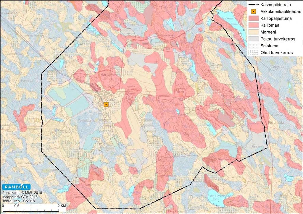 YMPÄRISTÖVAIKUTUSTEN ARVIOINTISELOSTUS 90 Kuva 9-1. Maaperän yleispiirteet kaivosalueella ja sen ympäristössä.