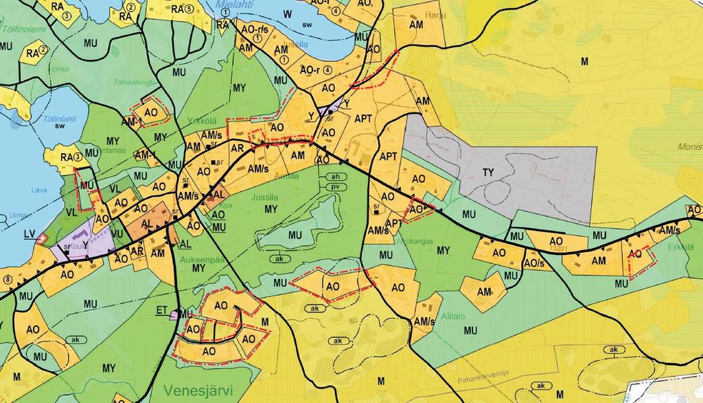 Muutokset itäosa (B) Uusi erillispientalojen alue 3. VL muutettu MU alueeksi AO laajennus, on asuinrakennus 4 Tilakeskus lopettanut nyt asuinkäytössä 6.