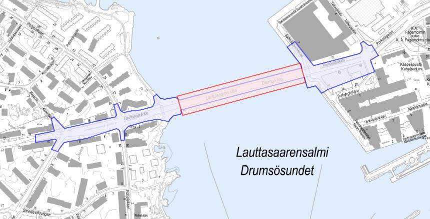 1 Suunnittelualue Liikennesuunnitelma rajautuu Lauttasaarentiellä Meripuistotiestä itään ja Porkkalankadulla Tallberginkadusta länteen. Suunnittelualueeseen kuuluvat myös sillan alikulut.