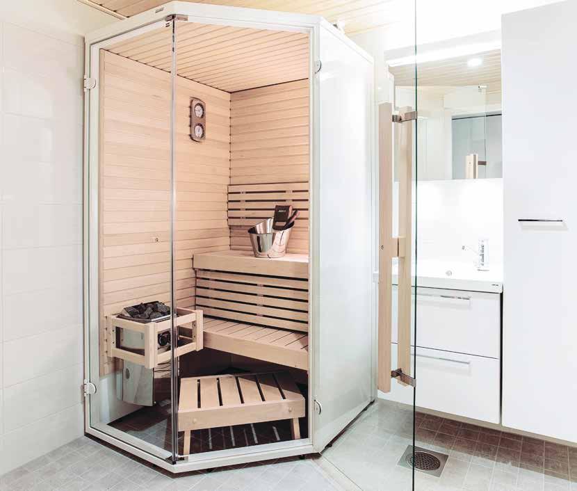 28 HARVIA SAUNASISUSTUS Hyvä tietää: Pieni koko mahdollistaa asentamisen rajalliseen tilaan, jopa kylpyammeen paikalle. Selkeistä elementeistä koottava sauna on nopea asentaa.