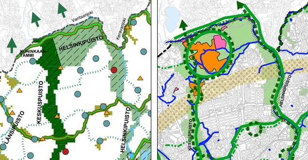 Otteet Helsingin uuden yleiskaavan teemakartoista virkistys- ja viherverkosto (vasen) ja kaupunkiluonto (oikea).