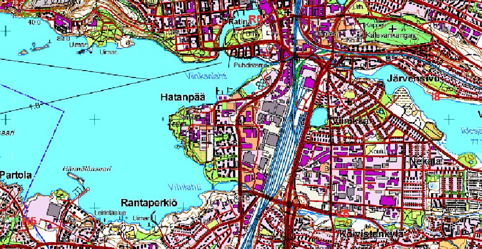 Kuva 2. Koeravustuskohteet Pyhäjärveen laskevilla vesialueilla. H5 = Härmälänoja, R5 = Ratinansuvanto, I8 = Iidesjärvi ja V5 = Vihioja.