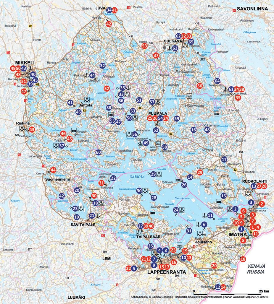 Kuva 1. Saimaa Geopark -yhdistyksen jäsenkuntia ovat Mikkeli, Juva, Sulkava, Puumala, Ruokolahti, Imatra, Lappeenranta, Taipalsaari ja Savitaipale.