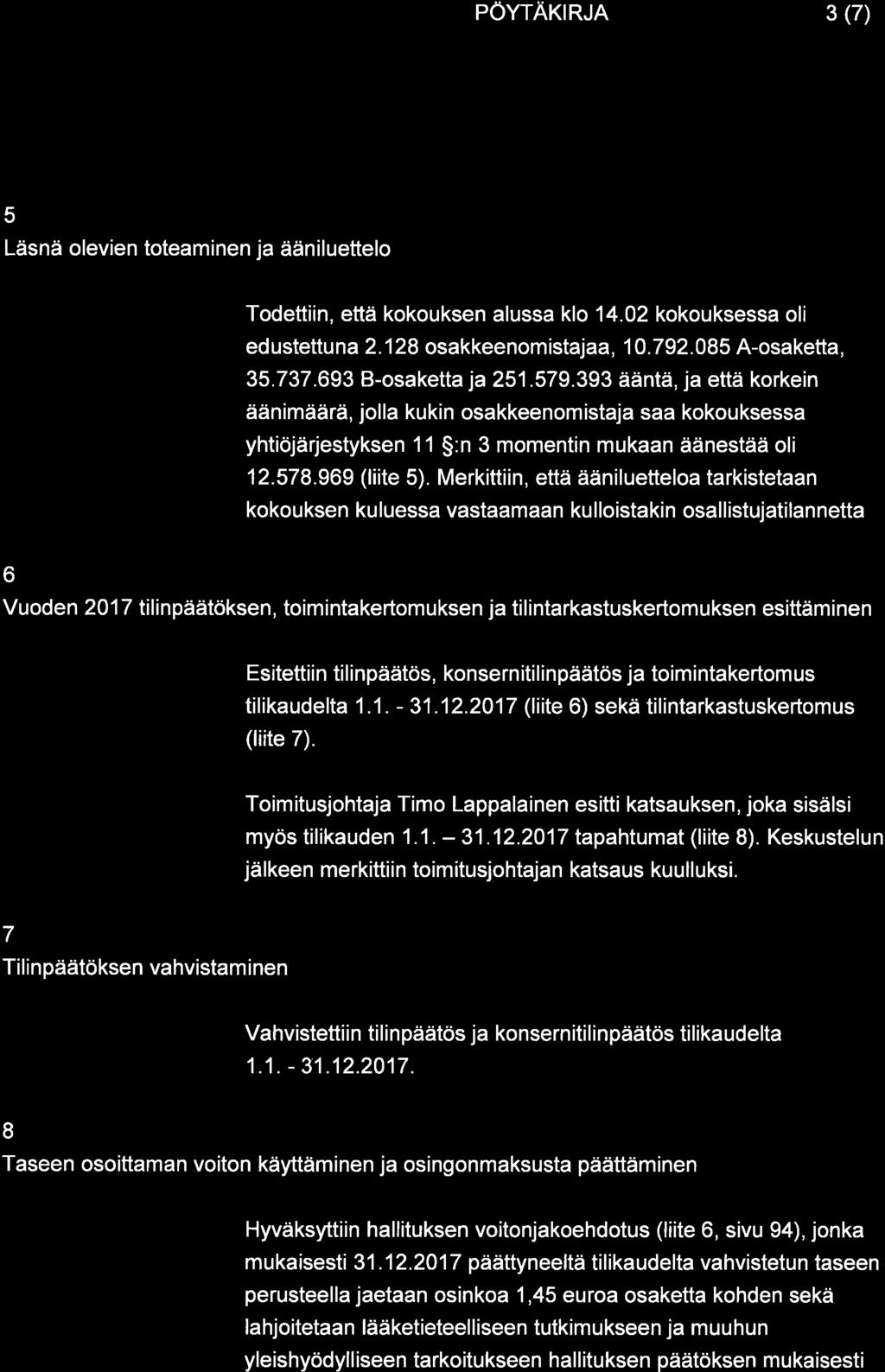 PÖYTAKIRJA 3 (7) 5 Läsnä olevien toteaminen ja ääniluettelo Todettiin, että kokouksen alussa klo 14.02 kokouksessa oli ed ustettu n a 2. 128 osakkeenom istajaa, 1 0.7 92.085 A-osaketta, 35.737.