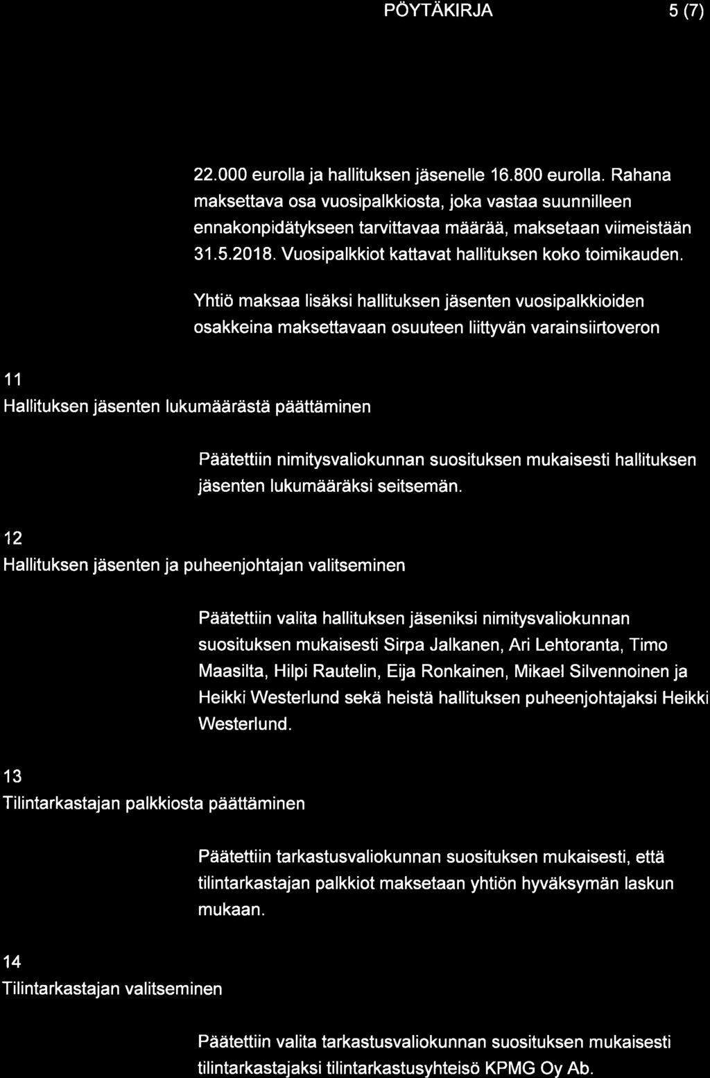 POYTAKIRJA 5 (7) 22.000 eurolla ja hallituksen jäsenelle 16.800 eurolla.