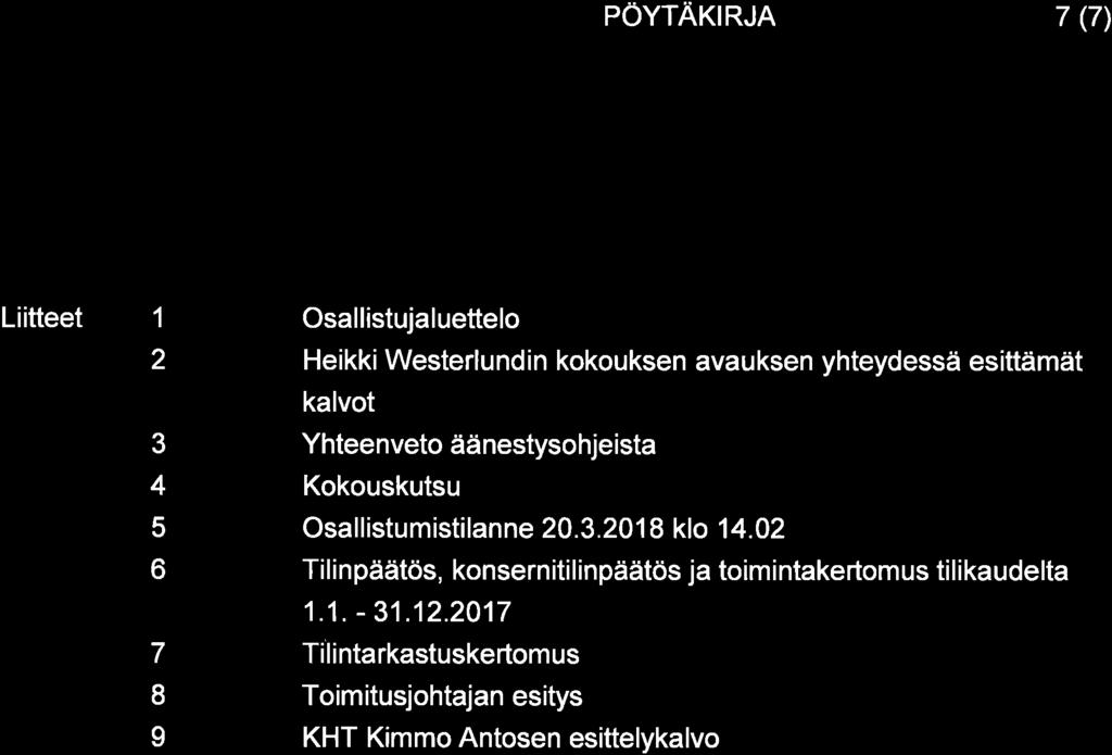 PÖYTAKIRJA 7 (7) Liitteet 1 2 3 4 5 6 7 8 I Osallistujaluettelo Heikki Westerlundin kokouksen avauksen yhteydessä esittämät kalvot Yhteenveto äänestysohjeista Kokouskutsu Osallistumistilanne