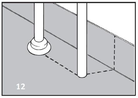 12. Putkien kohdalla lattiapäällysteeseen leikataan viilto seinään asti, minkä jälkeen se painetaan putkea vasten.