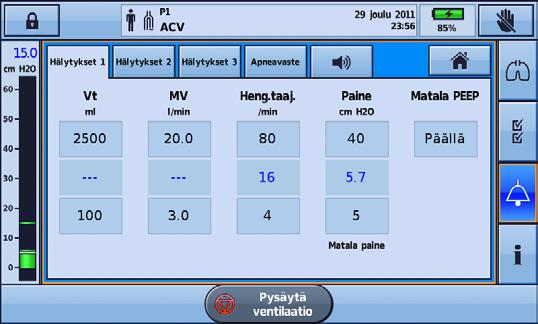 Astral-laitteen käyttö Asetus-valikko Asetus-valikossa esitetään neljä erilaista alavalikkoa: Letkusto letkuston tarkastelemiseen Asetukset ventilaation toimintamuodon tarkastelemiseen ja Manuaalinen