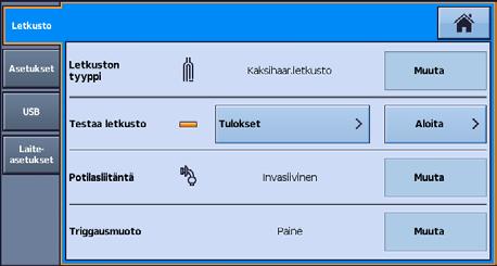 Potilasletkustojen kokoaminen Testaa letkusto Jotta Astral-laite voisi tukea useita erilaisia letkustokokoonpanoja ja lisävarusteita, laitteessa on Testaa letkusto -toiminto, jolla voidaan määrittää