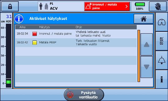 Hälytykset Hälytysten nollaaminen Hälytyksen nollaus poistaa tuon hälytyksen hälytysnäytöstä ja Aktiiviset hälytykset -näytöstä sekä sammuttaa valomerkki- ja äänihälytykset.