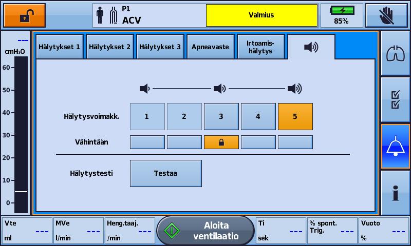 Hälytykset Hälytysten äänisummerien ja osoitinten testaaminen: 1. Paina. Hälytykset-näyttö tulee näkyviin. 2. Paina. Hälytyksen voimakkuus -näyttö tulee näkyviin. 3.