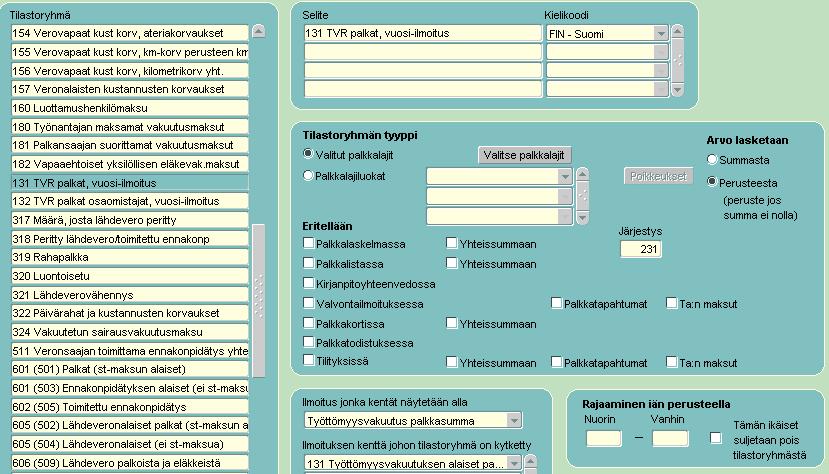 2.2 TVR palkat, vuosi-ilmoitus Tilastoryhmän selite: 131 TVR palkat, vuosi-ilmoitus (kielikoodi pakollinen)