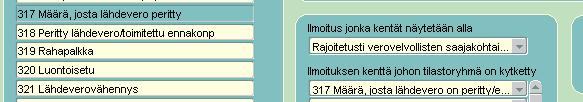 Rahapalkka, esim. palkkalaji 1050 ohjataan tähän kenttään Ryhmä 320: Luontoisetu, esim.