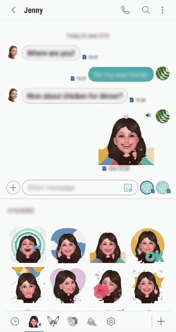 Oma emoji -tarrojen lähettäminen Voit lähettää viesteissä Oma emoji -tarroja, jotka näyttävät sinulta.