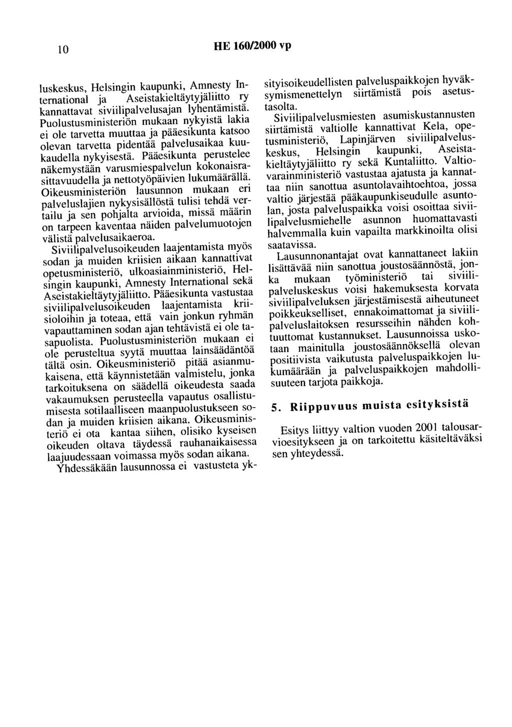 10 HE 160/2000 vp luskeskus, Helsingin kaupunki, Amnesty Intemational ja Aseistakieltäytyjäliitto ry kannattavat siviilipalvelusajan lyhentämistä.