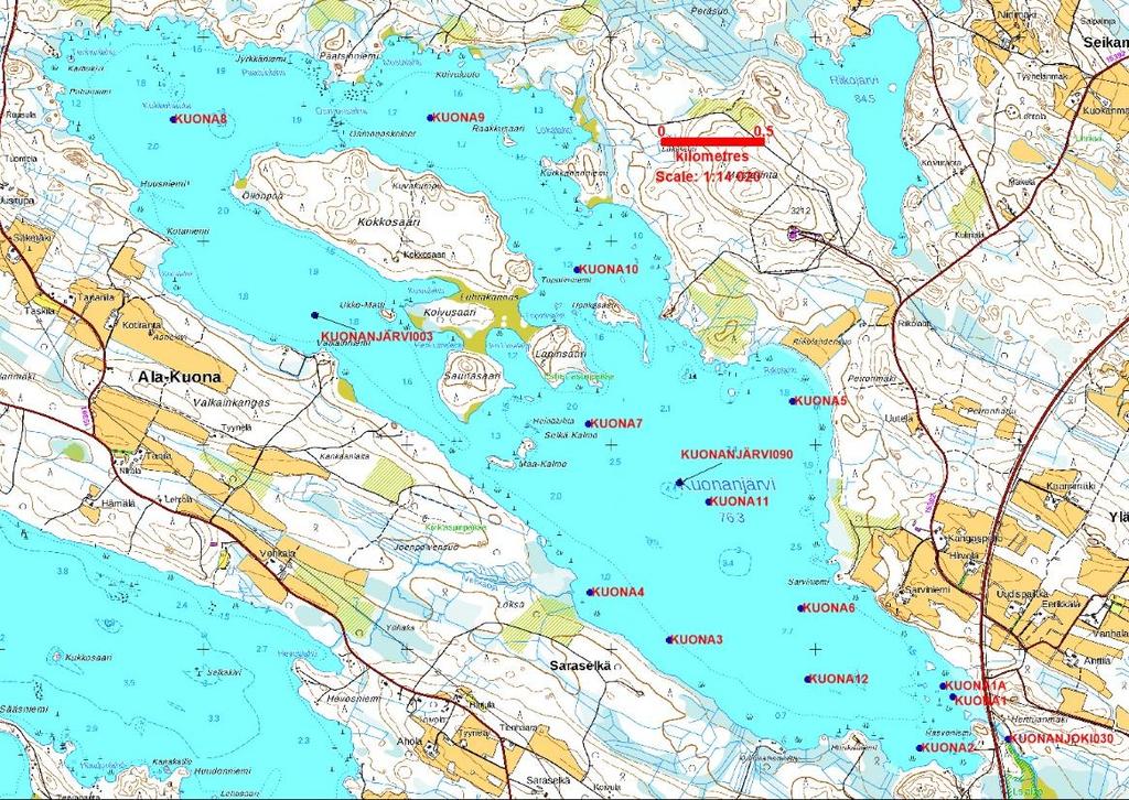 31 Taulukko 30. Kuonanjärven pohjasedimentin ja pohjaeläimistön sekä vedenlaadun havaintopaikat kevättalvella 2018. Havaintopaikkojen sijainti ilmenee kuvasta 9.