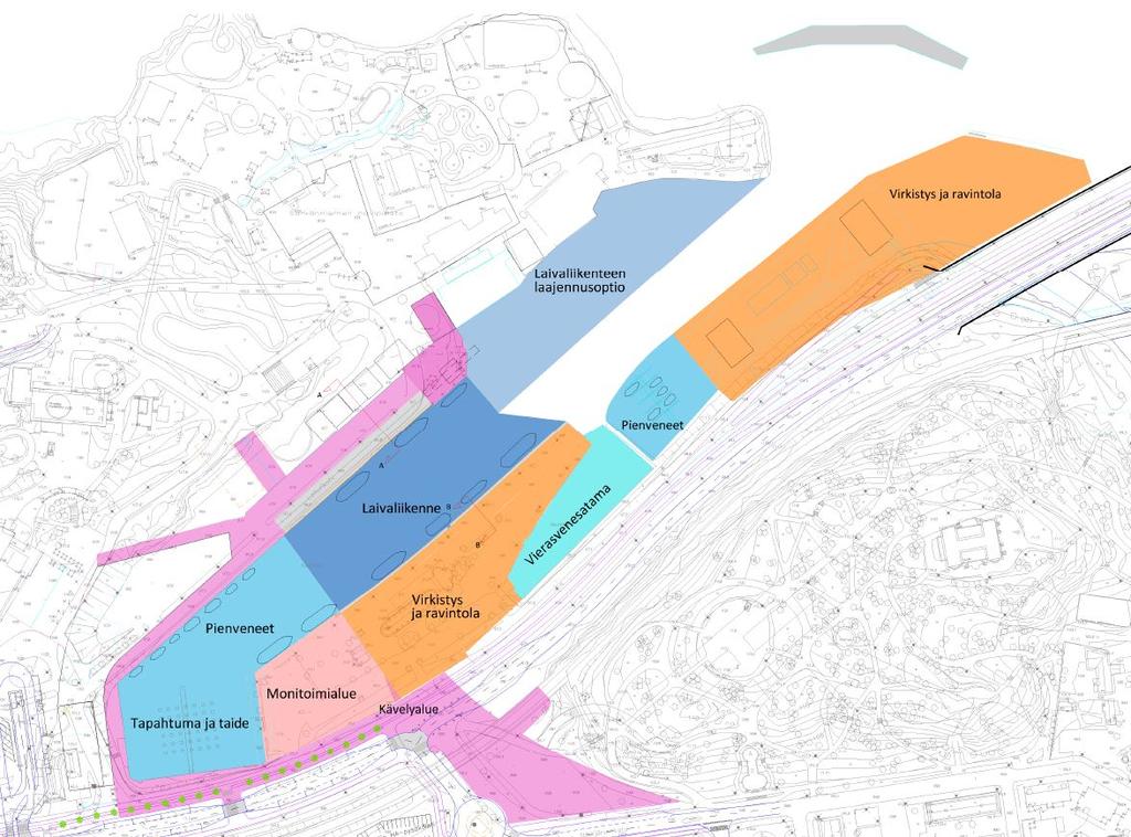 Vesiliikenneselvitys 7 laiturialuetta kehitetään alustavien suunnitelmien mukaisesti monitoimialueeksi (Lähde: asemakaavan viitesuunnitelma 04/2018).