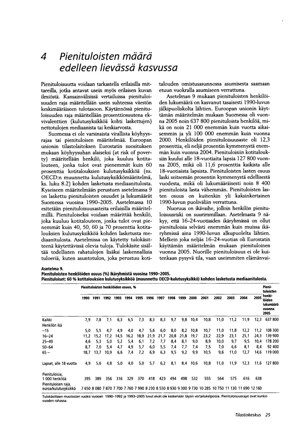 4 Pienituloisten määrä edelleen lievässä kasvussa Asetelma 9. Pienituloisten henkilöiden osuus (%) ikäryhmistä vuosina 1990-2005.