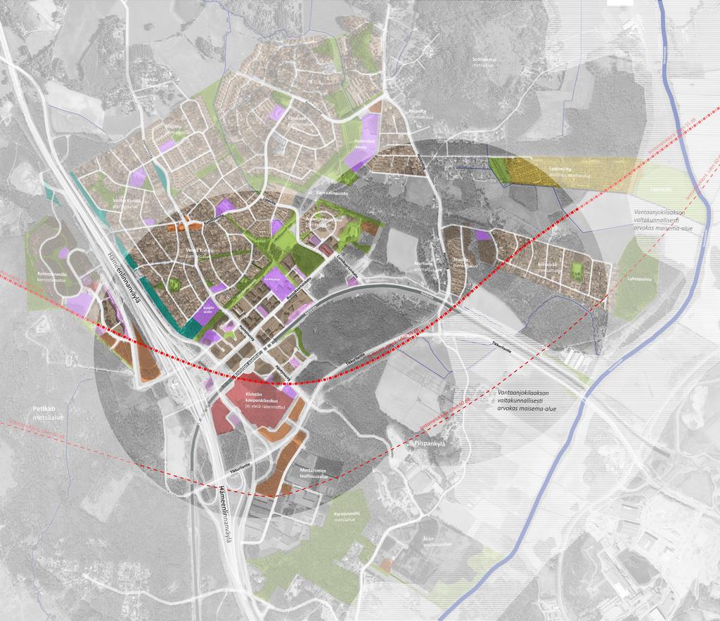 2. LÄHTÖKOHDAT Kaavarunkoalueen nykytilanne kartalla Kivistön keskustan kaavarunkoalue kattaa noin 530 hehtaarin suuruisen alueen (1 kilometrin säteet Kivistön nykyisestä asemasta ja Lapinkylän