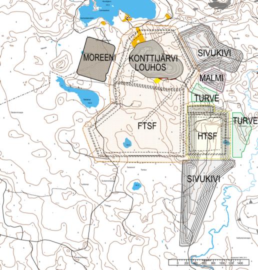 kuva) sijoitettu vaahdotuksen rikastushiekka-alueen itäreunalle Ruonajoen uoman läheisyyteen.