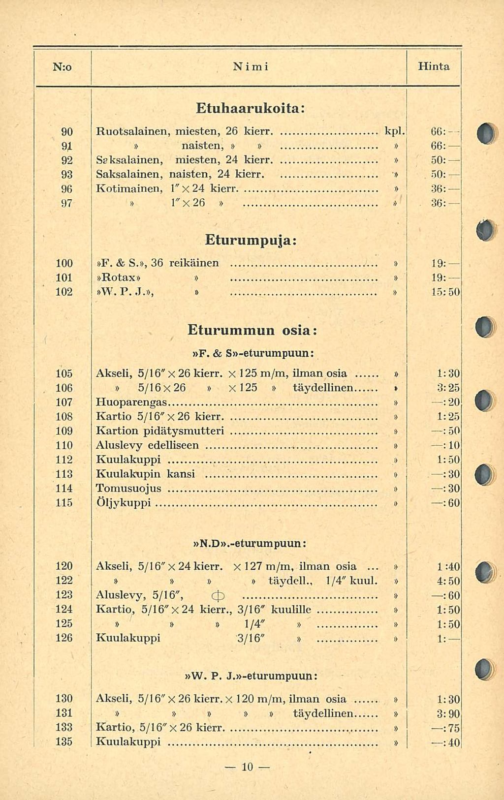 N:o Nimi Hinta Etuhaarukoita: 90 Ruotsalainen, miesten, 26 kierr kpl.! 66:- -j 9J.