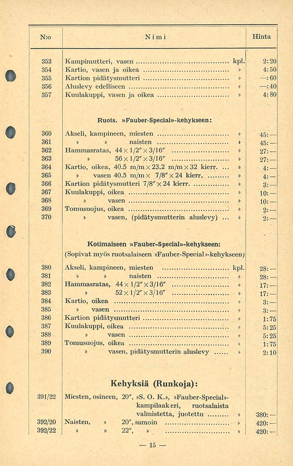 N:o Nimi Hinta 353 Kampimutteri, vasen kpl. 2:20 354 Kartio, vasen ja oikea 4:50 355 Kartion pidätysmutteri : 60 356 Aluslevy edelliseen :4O 357 Kuulakuppi, vasen ja oikea 4:80 Ruots.