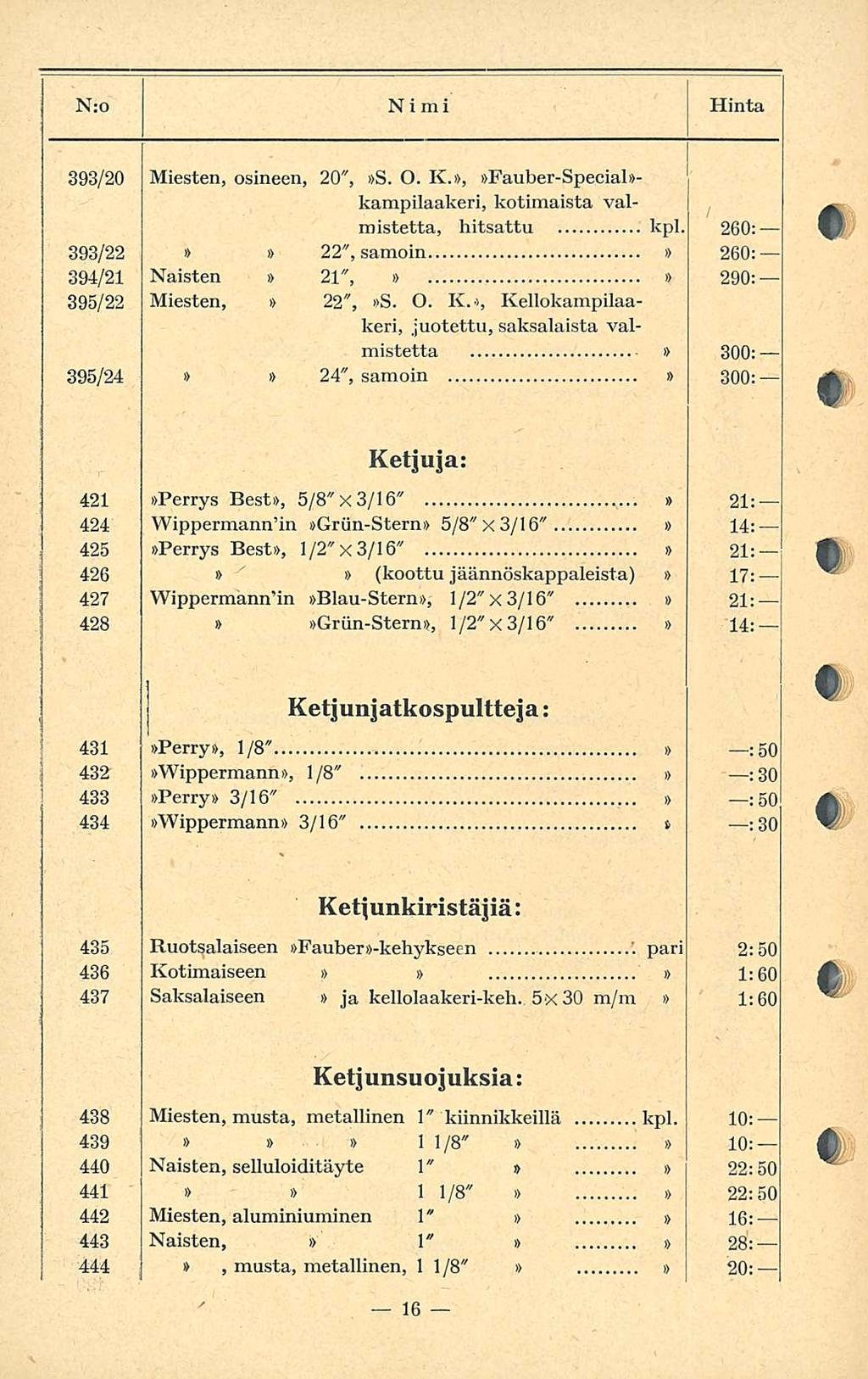 N:o Nimi Hinta 393/20 Miesten, osineen, 20", S. O. K.>>, Fauber-Speeial- kampilaakeri, kotimaista valmistetta, hitsattu kpl.