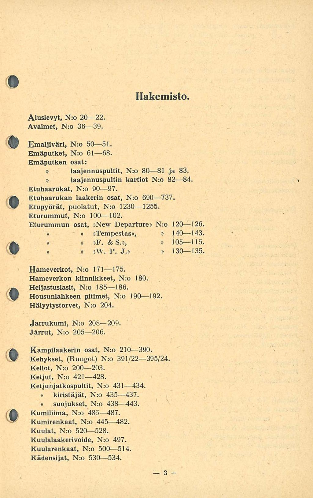 Hakemisto. Aluslevyt, N:o 20 22. Avaimet, N:o 36 39. Emaljivärl, N:o 50 5. Emäputket, N:o 6 68. Emäputken osat: laajennuspultit, N:o 80 8 ja 83. laajennuspultin kartiot N:o 82 84.