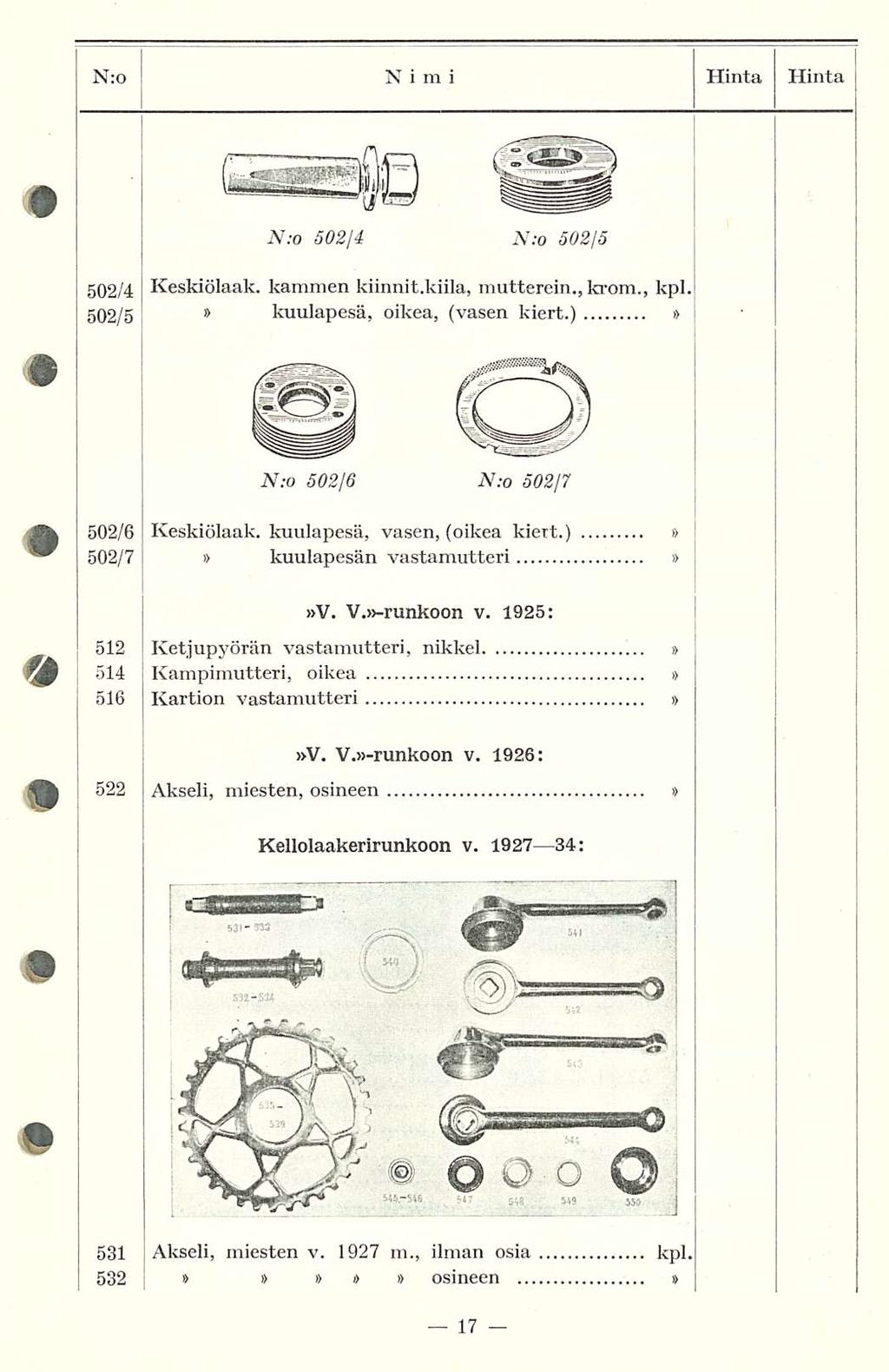 N:o Ni m i Hinta Hinta N:o 502/4 N:o 502/5 502/4 Keskiölaak. kammen kiinnit.kiila, mutterein.,krom., kpl. 502/5 kuulapesä, oikea, (vasen kiert.) N:o 502/6 N:o 502/7 502/6 Keskiölaak.