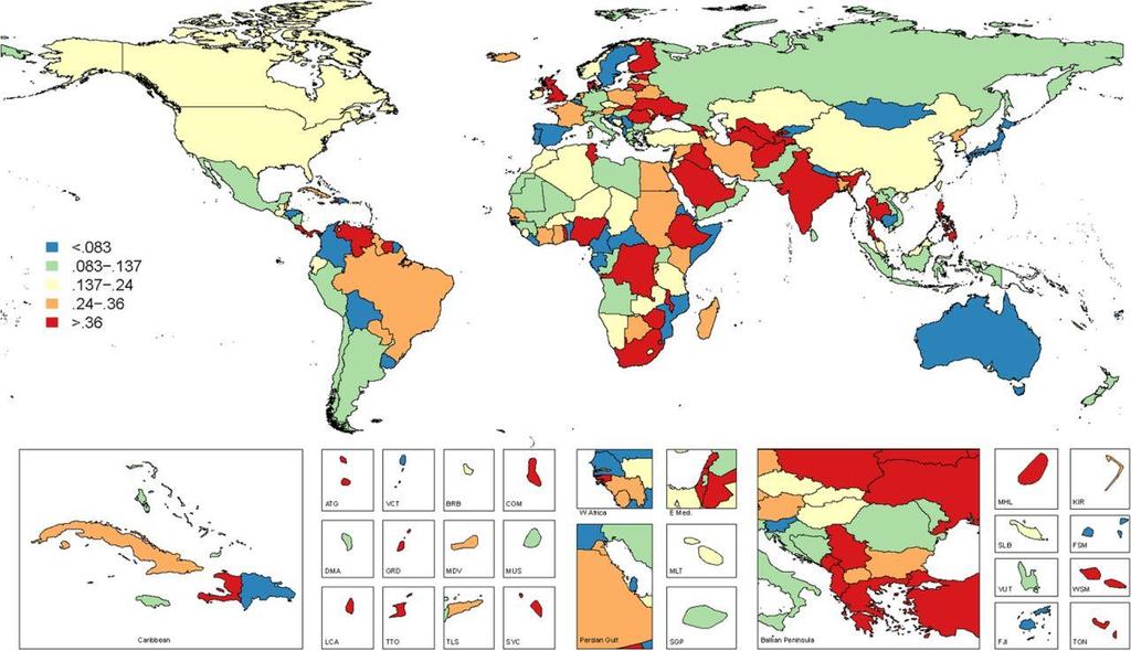 Figure 3. Age-standardized prevalence (proportion) of untreated caries in deciduous teeth in 2010: Worldwide.
