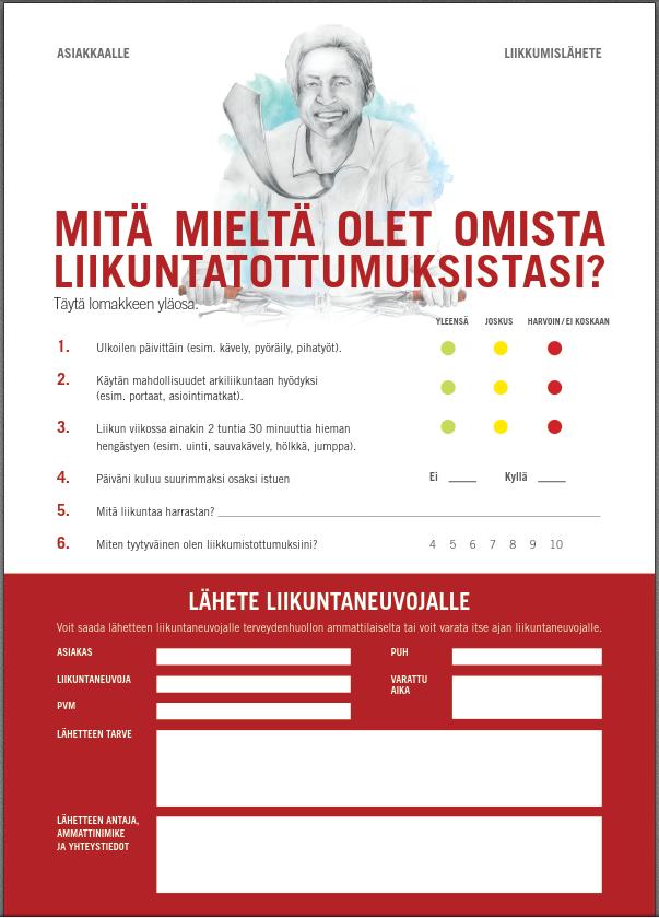 Vähän liikkuvien liikunnataneuvontaprosessi Riskihenkilöiden tunnistus Terveydenhuollossa tai omatoimisesti Liikuntaneuvonnan toteutus Yksilö- tai ryhmäohjauksena