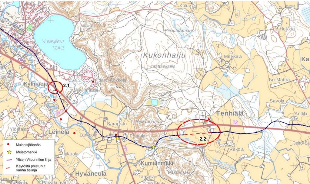 2. Tenhiälä Hämeenkosken keskustan ohitettuaan Ylisen Viipurintien linja on kulkenut valtatien 12 poikki Yli- Hankalan tilan kohdalla, jatkuen Vanhatie-nimisenä hiekkatienä Lampolan ja Perttulan