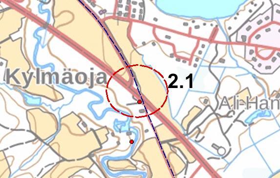 2.1. Kylmäojan risteys Kylmäojan jälkeen Ylisen Viipurintien linja on kulkenut valtatie 12 yli ja jatkunut tien toisella puolella. Keskustieltä erkanee asfaltoitu pyörätie, joka alittaa valtatien.