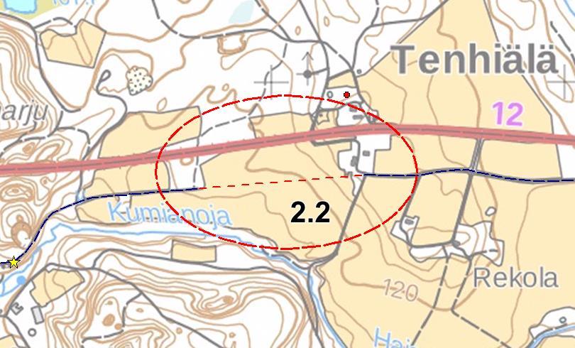 Valtatien alittava pyörätien linjaus ja Viipurintien reitin kulku. (Pohjakartta MML) 2.