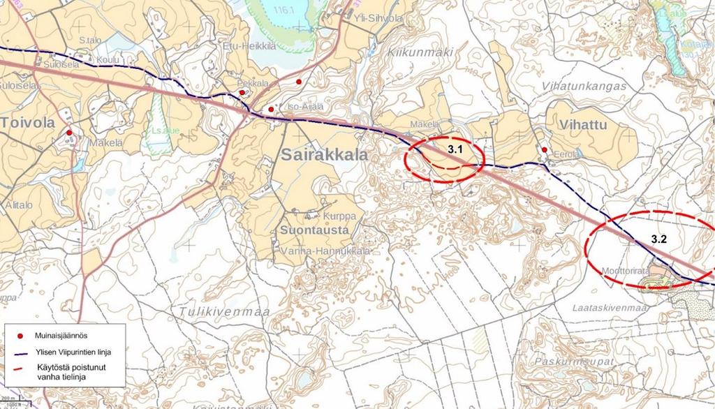 3. Sairakkala Viipurintien linja kiemurtelee itään, Sairakkalaan, pitkin Kyläkulmantietä, mikä on pienehkö hiekkatie. Linja kulkee paikoin aivan maan tasossa, paikoin tietä on korotettu.