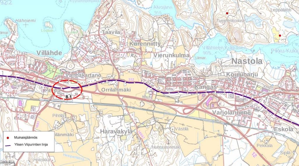Kartta 21. Nastolan alue, Ylisen Viipurintien reitti ja muuttunut linjaus. (Pohjakartta MML) 9. Uusikylä Ylinen Viipurintie on tullut Uuteenkylään nykyistä Kouvolantietä pitkin.