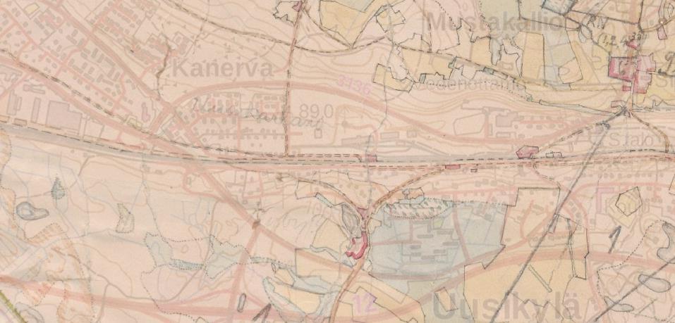 Peruskartta Nastola 311108 (1964) Kartta 22. Uudenkylän alue, Viipurintien reitti ja tutkimuskohde. (Pohjakartta MML) Kartta 23. Pitäjänkartta ja uusi kartta asemoituna päällekkäin.