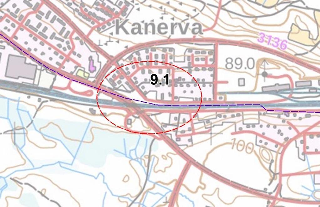 Kartta 24. Kouvolantien ja Varastotien väliin jäänyt Viipurintien linja. (Pohjakartta MML) Kuva 16. Vinovalovarjoste-aineistossa erottuu mahdollisesti vanha tielinja, kohde ympyröity.