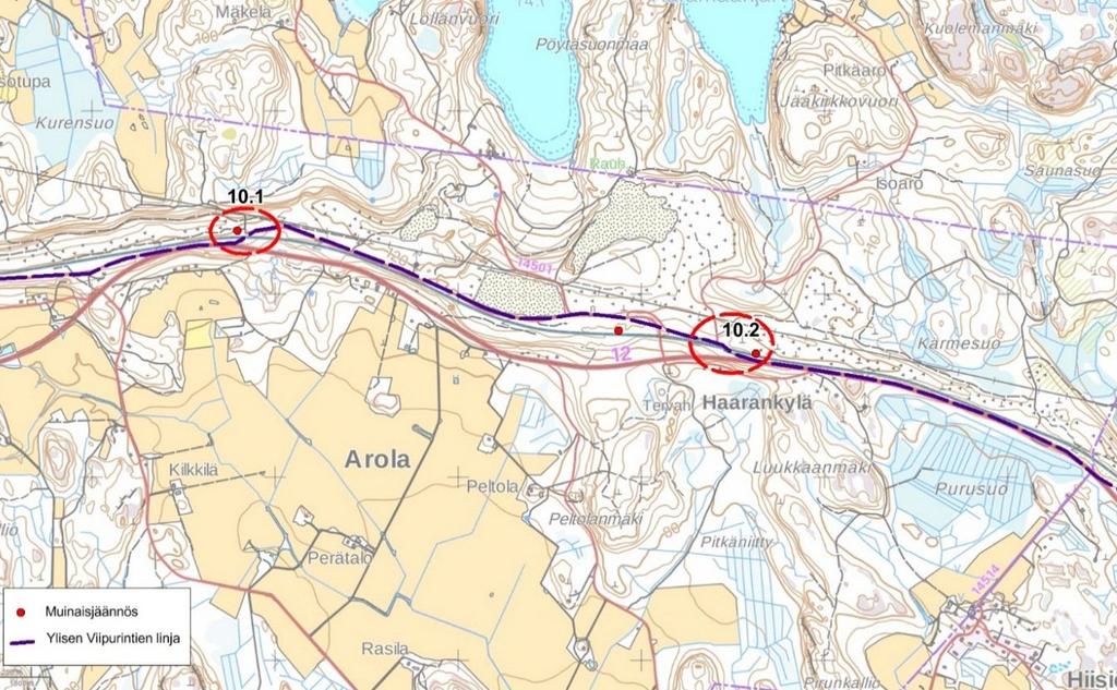 Radan pohjoispuolella on historiallisen ajan muinaisjäännös, ratavartijan tontti. Kartta 26. Karttaote linjauksen muutoksesta Ylämaantien länsipäässä. (Pohjakartta MML) 10.2. Kivinenportti Kivisenportin kohdalla Viipurintien linja palaa rautatien eteläpuolelle.