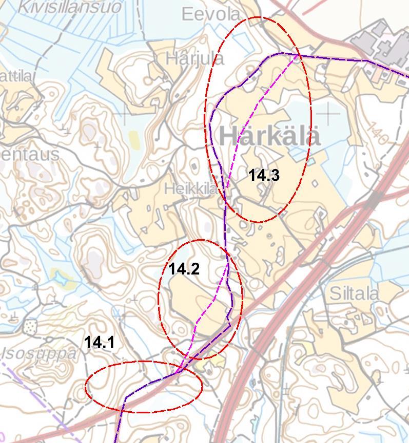 14.1, 14.2 ja 14.3 Härkälän alue Mäkeläntien tullessa Vierumäenraitille vanha linja on kulkenut nykyisin Hietalan taloon johtavaa tietä pitkin.